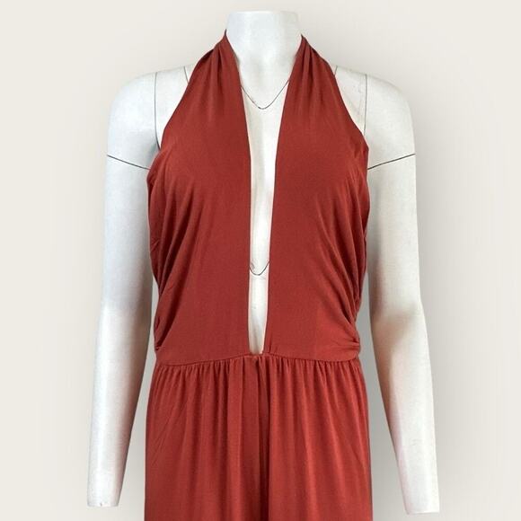 NWT | Krisa | Plunge Halter Flare Jumpsuit | Burnt Orange | Large - Picture 15 of 15